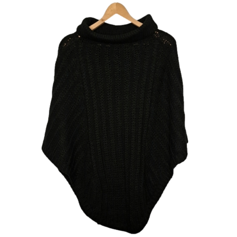 • DENVER HAYES • Cozy Black Cowl Neck Knit Poncho • One Size Fits Most • NWT •